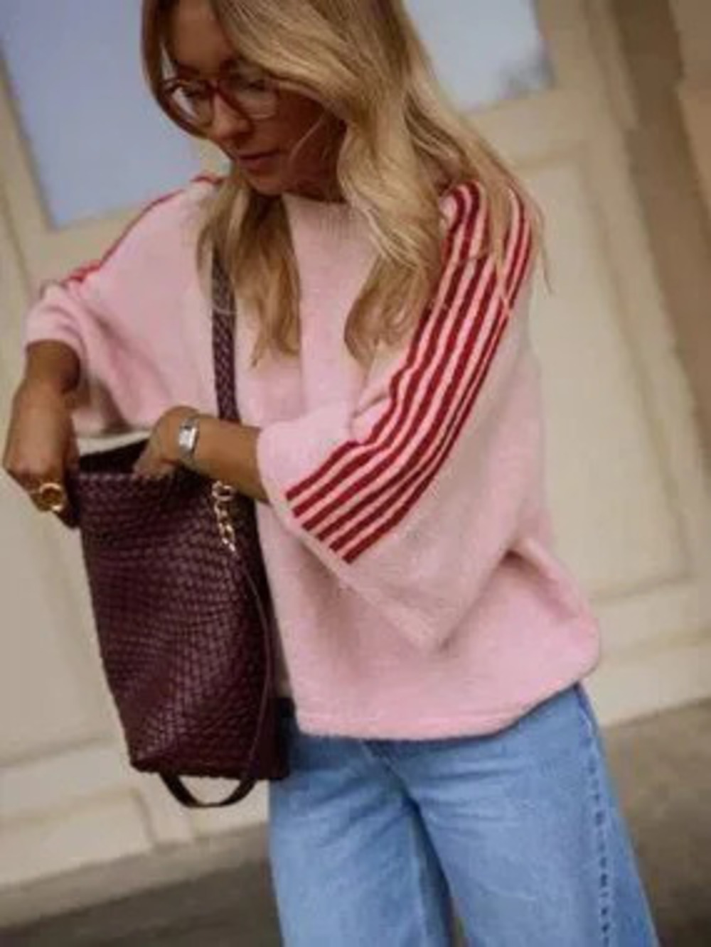 Pink Casual Women's 3/4 Sleeve Striped Round Neck Loose Fuzzy Sporty Sweater